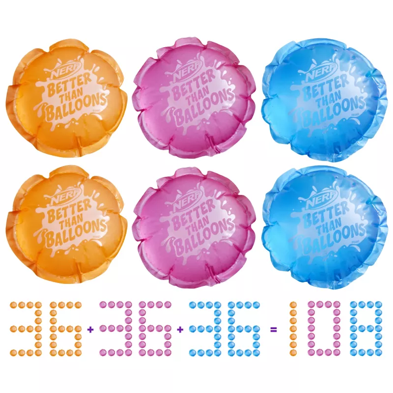 Nerf Super Soaker Better Than Balloons zabawki wodne, łatwe sprzątanie w 1 kawałku, 108 kapsułek, wiele sposobów na zabawę, wodne szaleństwa w ogrodzie, prezenty dla dzieci, wiek 3+