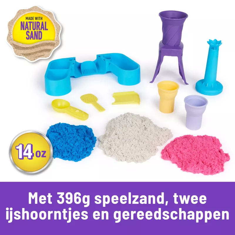 Kinetic Sand, Stacja Soft Serve, upominki do koszyczka wielkanocnego, zawiera 14 uncji plastycznego piasku do formowania (3 kolory), 2 rożki do lodów i 2 narzędzia