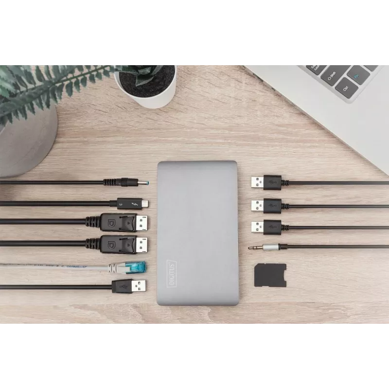 Stacja dokująca DIGITUS USB-C - 2x USB Type-C / 2x USB 3.0 10Gbps / USB 3.0 5Gpbs / 2x DP / Gbe / micro SD / SD / 3,5 mm - 60 W USB Power Delivery