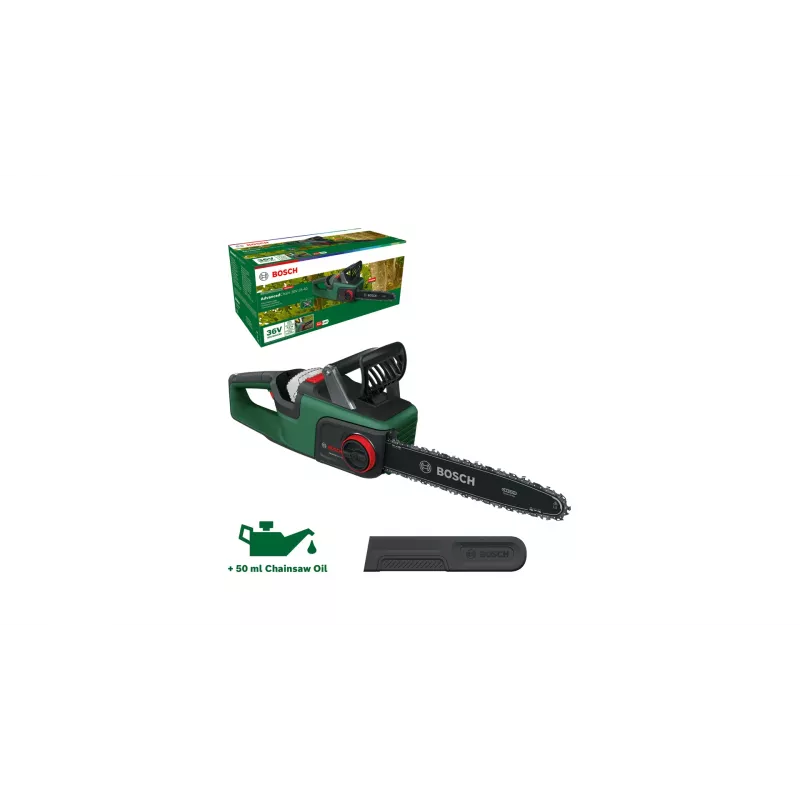 Pilarka łańcuchowa akumulatorowa Bosch AdvancedChain 36V-35-40 — 36 V, akumulator 2 Ah, prowadnica 35 cm, długość cięcia 31 cm