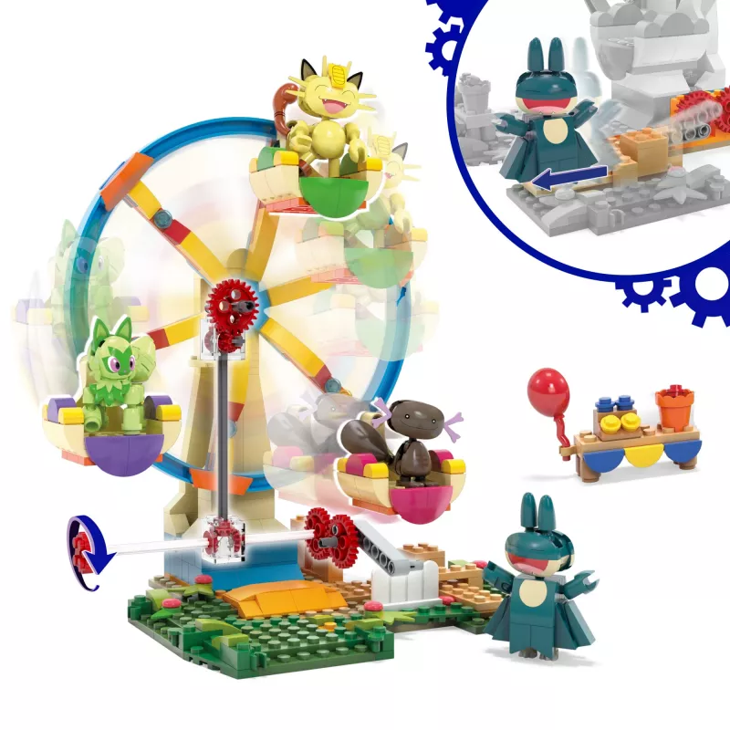 MEGA Pokémon Zestaw Klocków Karuzela Wesołe Miasteczko, z 4 Figurkami Akcji (393 Elementy) dla Dzieci