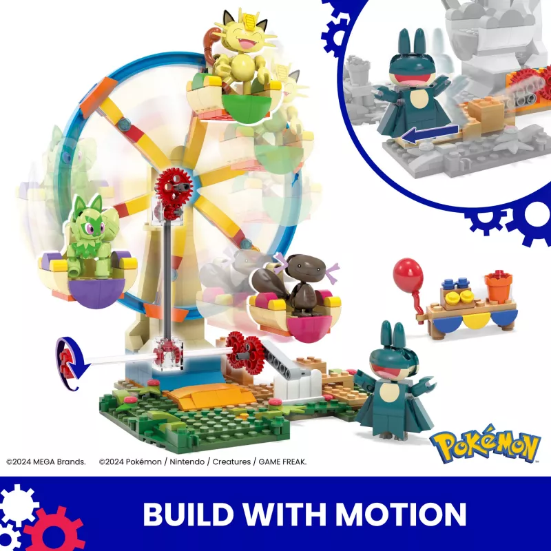 MEGA Pokémon Zestaw Klocków Karuzela Wesołe Miasteczko, z 4 Figurkami Akcji (393 Elementy) dla Dzieci