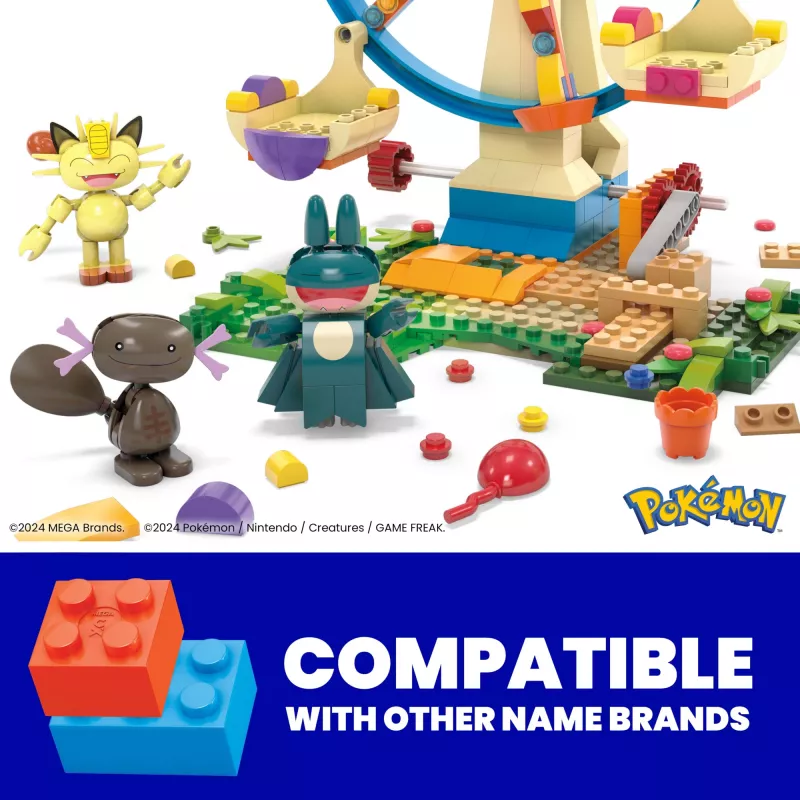 MEGA Pokémon Zestaw Klocków Karuzela Wesołe Miasteczko, z 4 Figurkami Akcji (393 Elementy) dla Dzieci