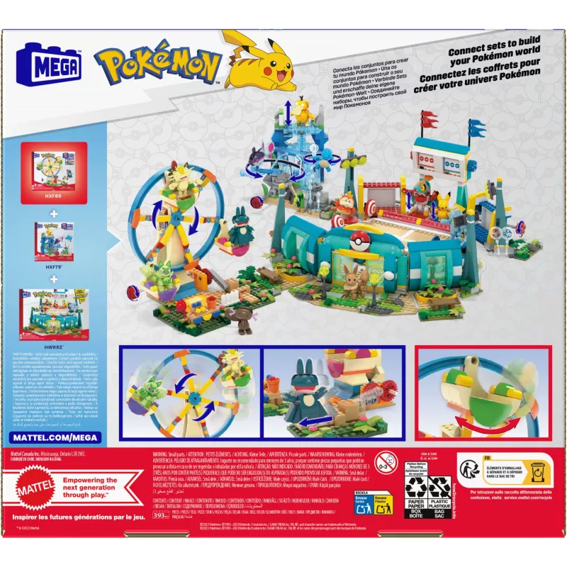 MEGA Pokémon Zestaw Klocków Karuzela Wesołe Miasteczko, z 4 Figurkami Akcji (393 Elementy) dla Dzieci