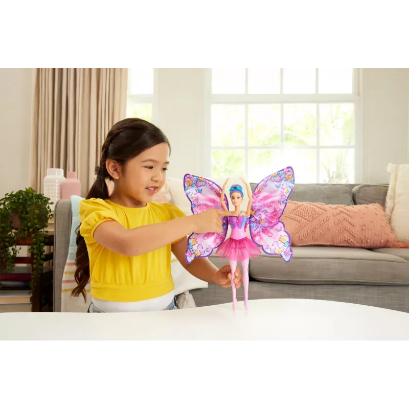 Lalka Barbie Dance and Flutter z 2-w-1 transformacją z tancerki w motyla, fioletowe włosy