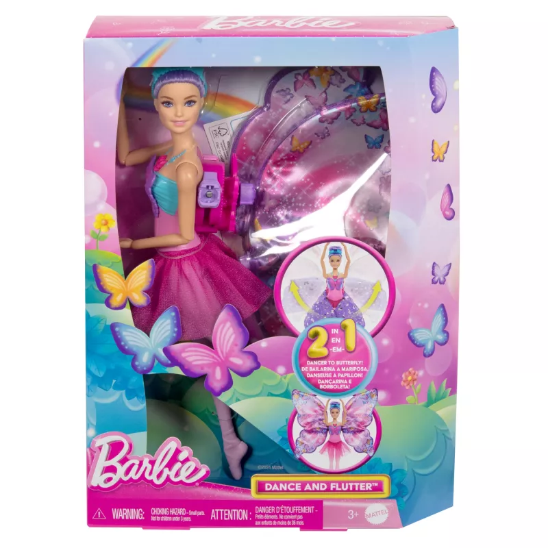 Lalka Barbie Dance and Flutter z 2-w-1 transformacją z tancerki w motyla, fioletowe włosy