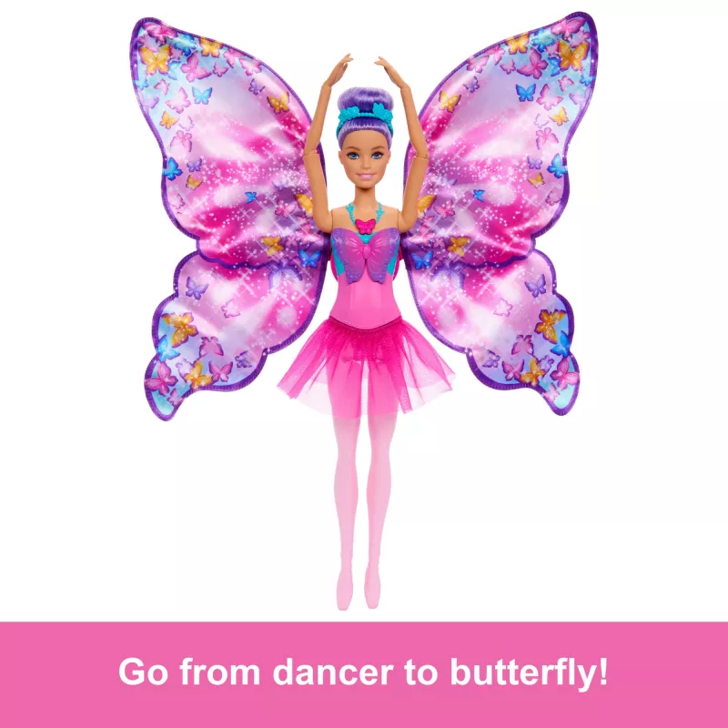Lalka Barbie Dance and Flutter z 2-w-1 transformacją z tancerki w motyla, fioletowe włosy