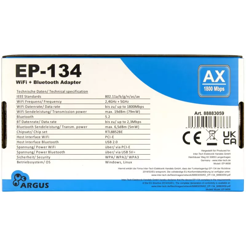 Wewnętrzny adapter WLAN Bluetooth Inter-Tech EP-134 1800 Mbit/s