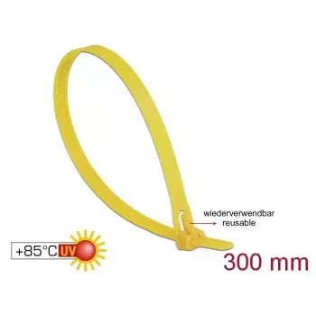 Opaska zaciskowa wielokrotnego użytku DELOCK 18761 — Nylon, 300 mm x 7,6 mm, Żółty, 100 szt.