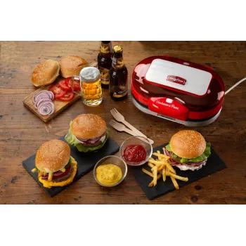 Ariete 205 Hamburger Maker Party Time, maszyna do robienia hamburgerów, 1200 W, podwójne nieprzywierające płyty, 2 komory, łatwe do czyszczenia, czerwony