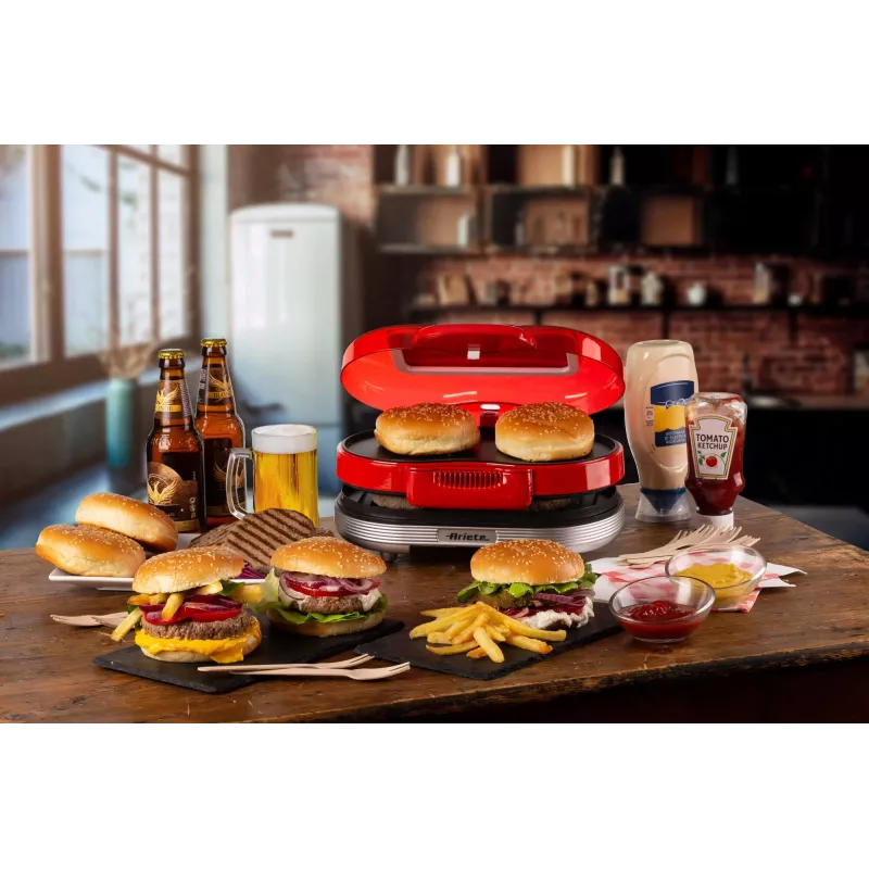Ariete 205 Hamburger Maker Party Time, maszyna do robienia hamburgerów, 1200 W, podwójne nieprzywierające płyty, 2 komory, łatwe do czyszczenia, czerwony