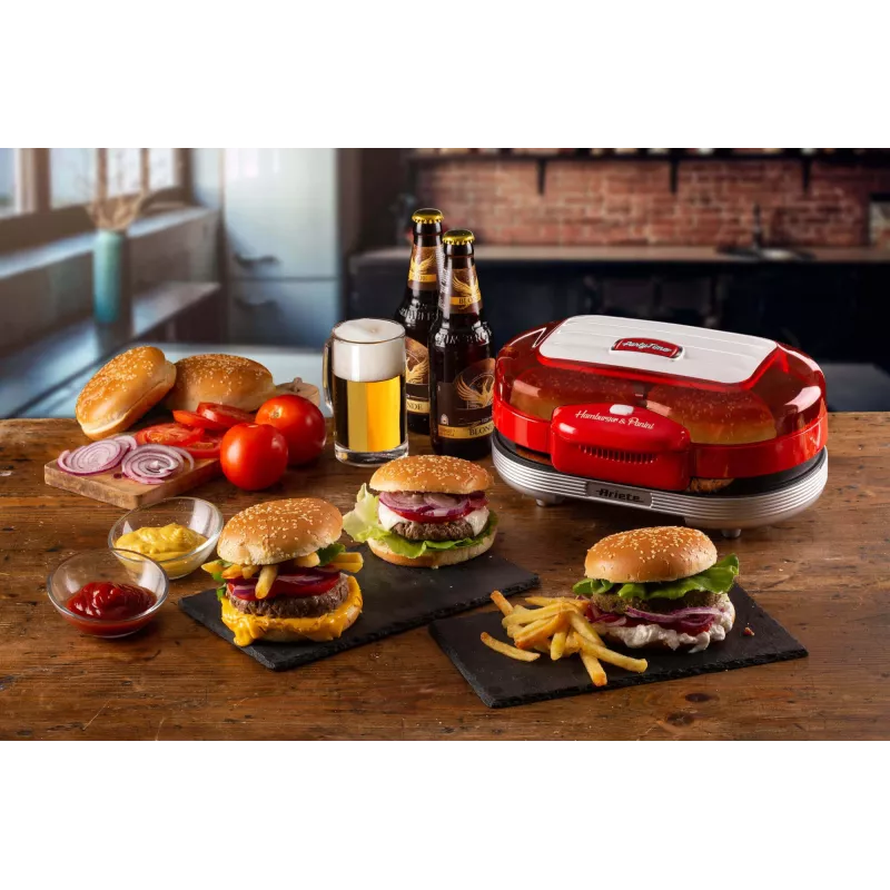Ariete 205 Hamburger Maker Party Time, maszyna do robienia hamburgerów, 1200 W, podwójne nieprzywierające płyty, 2 komory, łatwe do czyszczenia, czerwony