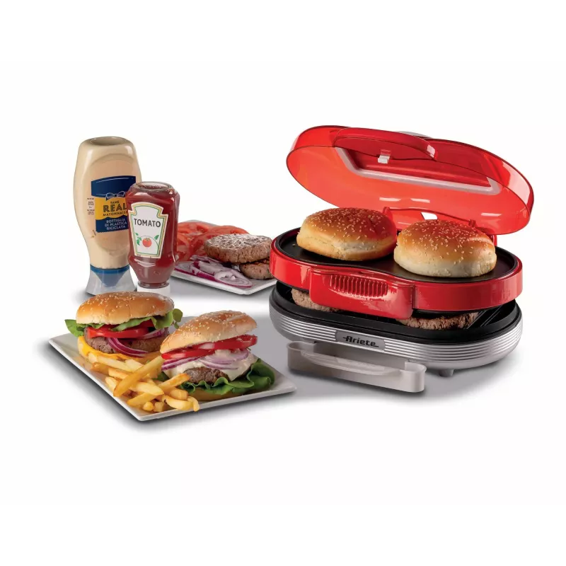 Ariete 205 Hamburger Maker Party Time, maszyna do robienia hamburgerów, 1200 W, podwójne nieprzywierające płyty, 2 komory, łatwe do czyszczenia, czerwony