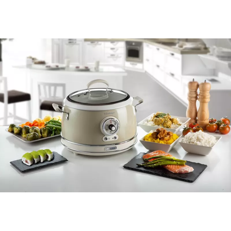 Ariete 2904 Rice Cooker - Elektryczny ryżowar z ceramiczną misą - Domowe Sushi - Wielofunkcyjny - Vintage Line - 3,5 L - 650 W - Beżowy