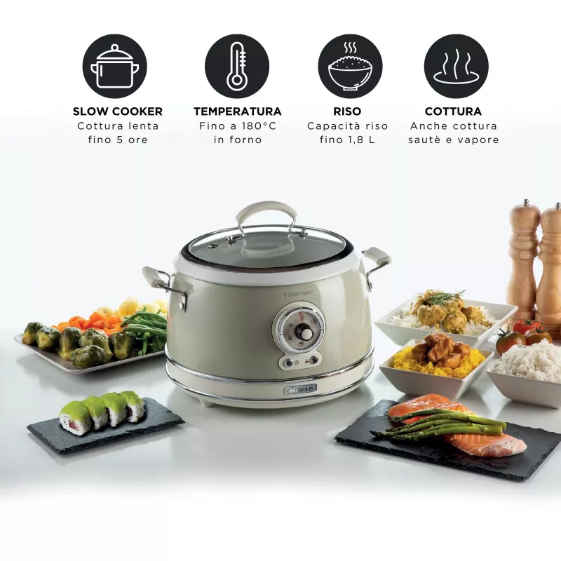 Ariete 2904 Rice Cooker - Elektryczny ryżowar z ceramiczną misą - Domowe Sushi - Wielofunkcyjny - Vintage Line - 3,5 L - 650 W - Beżowy