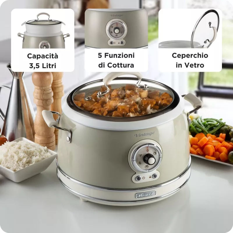 Ariete 2904 Rice Cooker - Elektryczny ryżowar z ceramiczną misą - Domowe Sushi - Wielofunkcyjny - Vintage Line - 3,5 L - 650 W - Beżowy