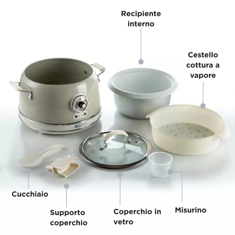 Ariete 2904 Rice Cooker - Elektryczny ryżowar z ceramiczną misą - Domowe Sushi - Wielofunkcyjny - Vintage Line - 3,5 L - 650 W - Beżowy