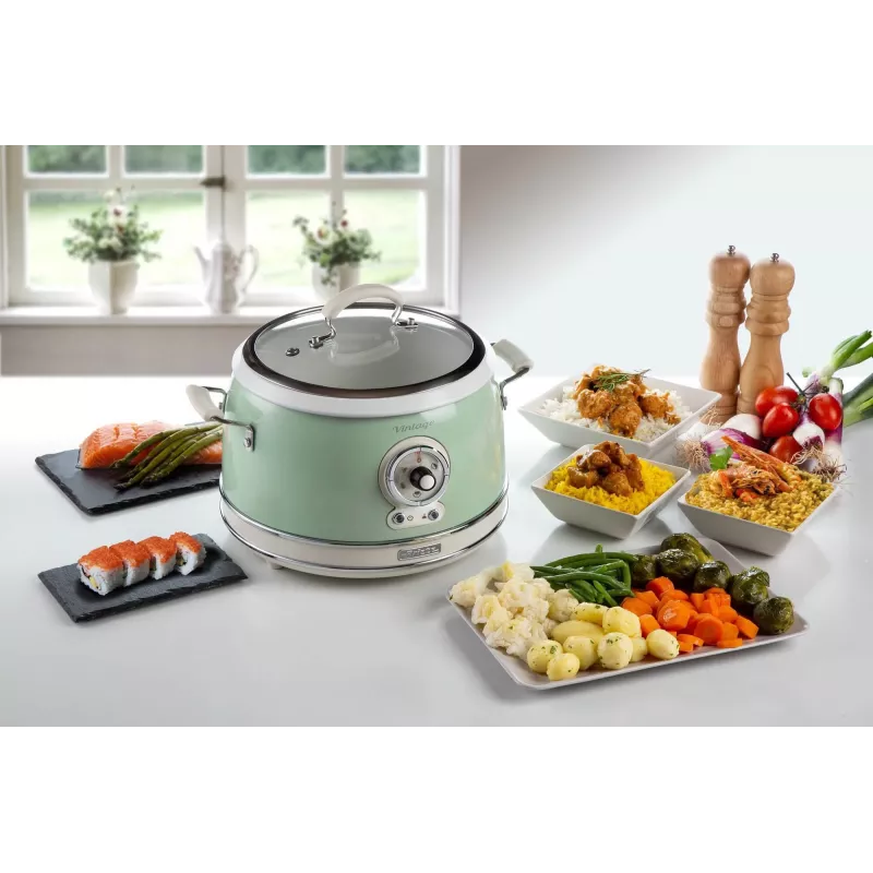 Ariete 2904 Rice Cooker - Elektryczny ryżowar z ceramiczną misą - Domowe Sushi - Wielofunkcyjny garnek do gotowania - Vintage Line - 3,5 L - 650 W - Zielony
