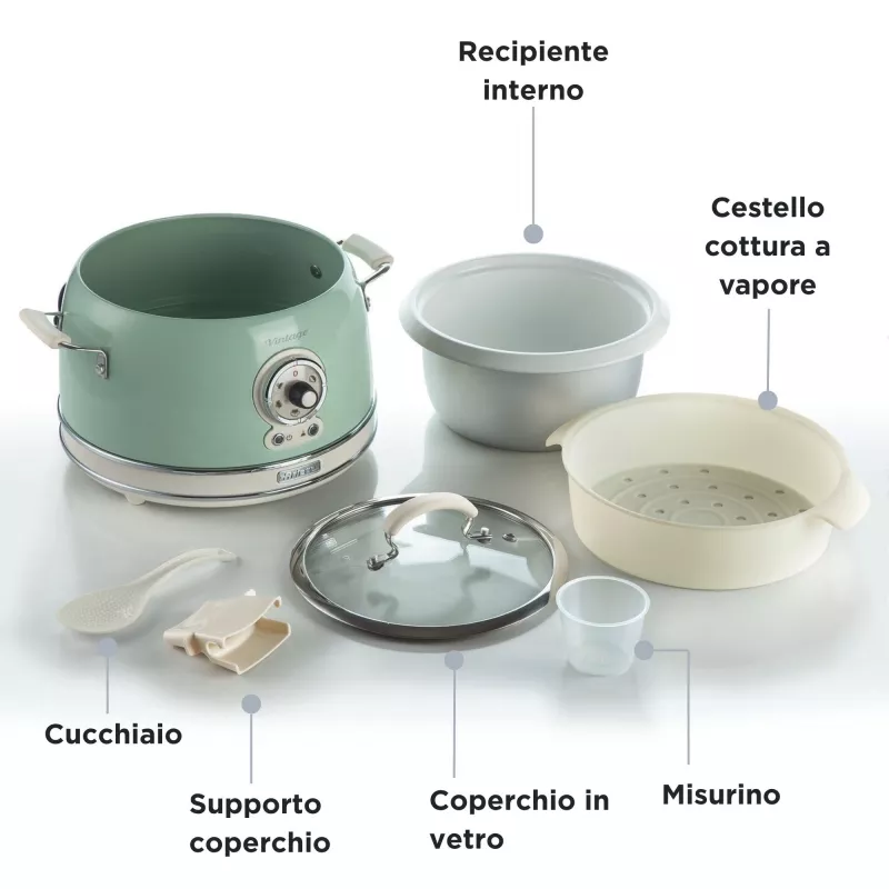 Ariete 2904 Rice Cooker - Elektryczny ryżowar z ceramiczną misą - Domowe Sushi - Wielofunkcyjny garnek do gotowania - Vintage Line - 3,5 L - 650 W - Zielony