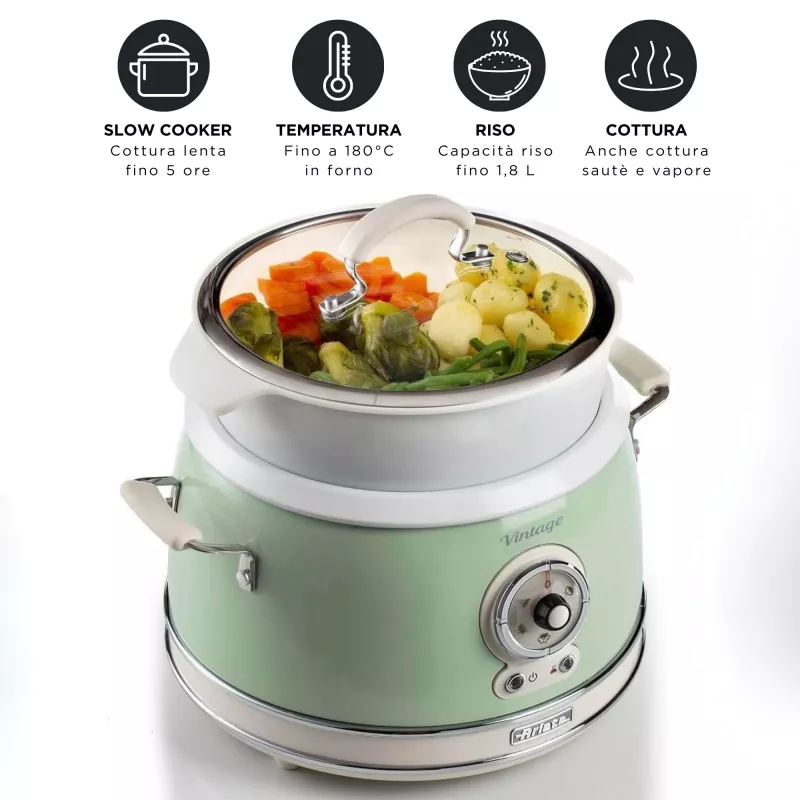 Ariete 2904 Rice Cooker - Elektryczny ryżowar z ceramiczną misą - Domowe Sushi - Wielofunkcyjny garnek do gotowania - Vintage Line - 3,5 L - 650 W - Zielony