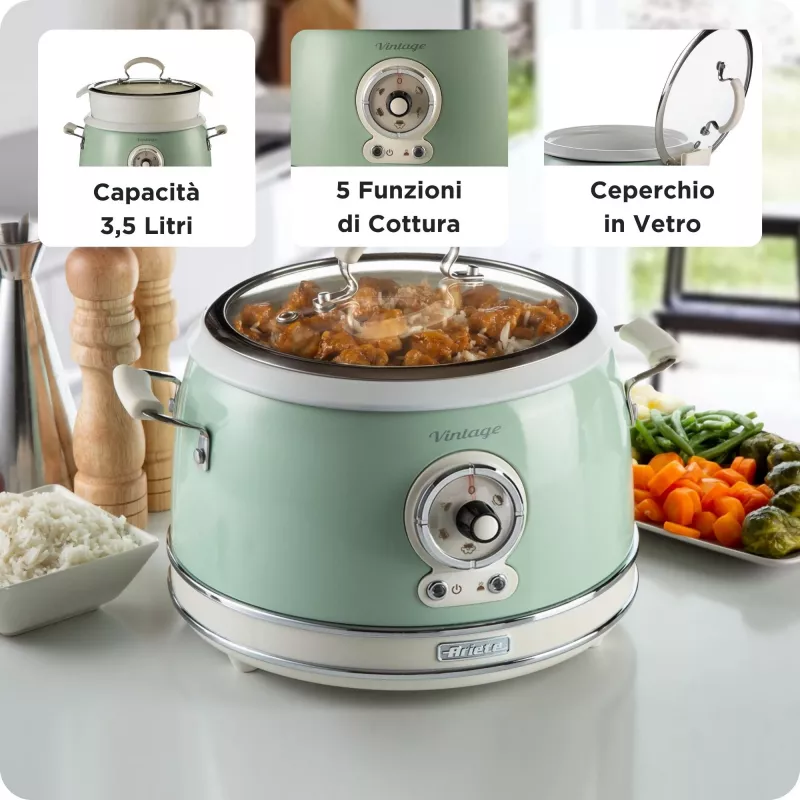 Ariete 2904 Rice Cooker - Elektryczny ryżowar z ceramiczną misą - Domowe Sushi - Wielofunkcyjny garnek do gotowania - Vintage Line - 3,5 L - 650 W - Zielony
