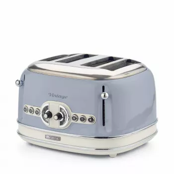 Toster Ariete 156 Vintage na 4 kromki, 1600 W, 6 poziomów opiekania, stal nierdzewna malowana w kolorze pastelowego błękitu, bez koszyków do kanapek. Niebieski