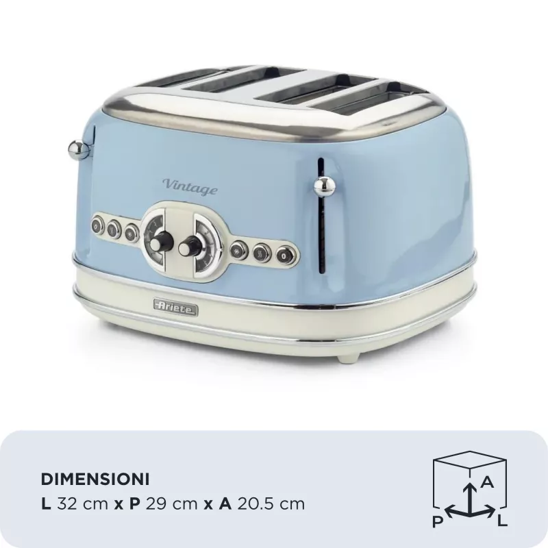 Toster Ariete 156 Vintage na 4 kromki, 1600 W, 6 poziomów opiekania, stal nierdzewna malowana w kolorze pastelowego błękitu, bez koszyków do kanapek. Niebieski