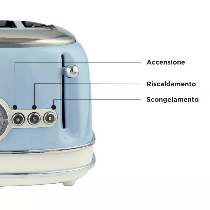 Toster Ariete 156 Vintage na 4 kromki, 1600 W, 6 poziomów opiekania, stal nierdzewna malowana w kolorze pastelowego błękitu, bez koszyków do kanapek. Niebieski