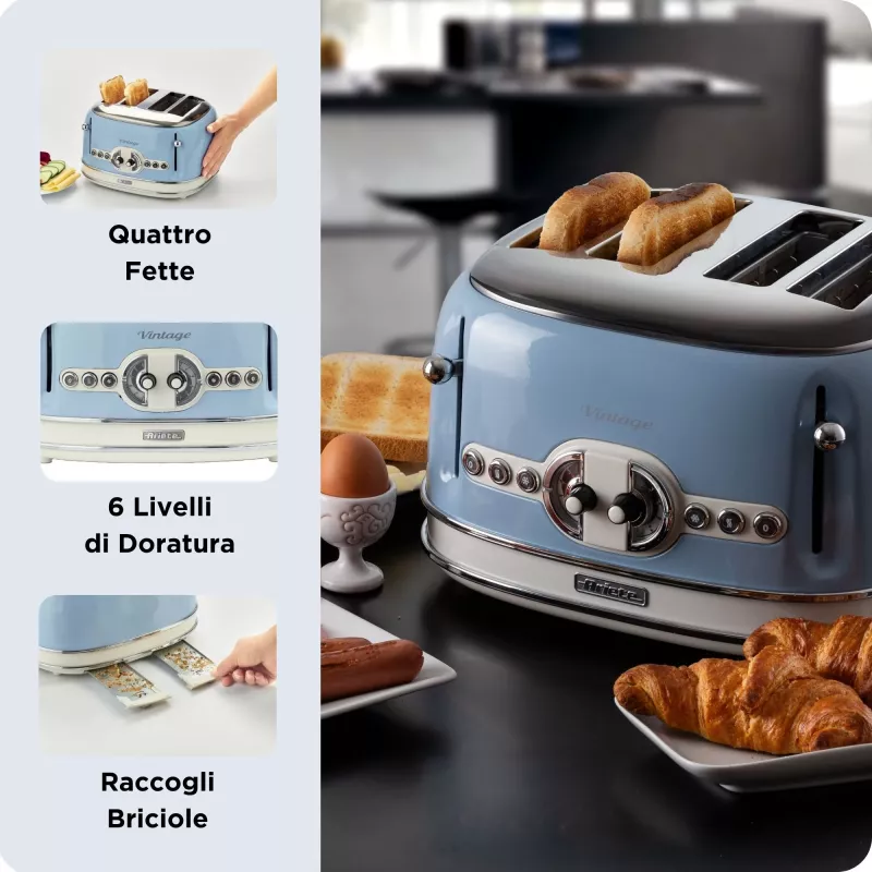 Toster Ariete 156 Vintage na 4 kromki, 1600 W, 6 poziomów opiekania, stal nierdzewna malowana w kolorze pastelowego błękitu, bez koszyków do kanapek. Niebieski