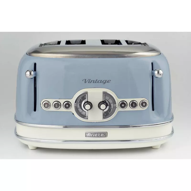 Toster Ariete 156 Vintage na 4 kromki, 1600 W, 6 poziomów opiekania, stal nierdzewna malowana w kolorze pastelowego błękitu, bez koszyków do kanapek. Niebieski