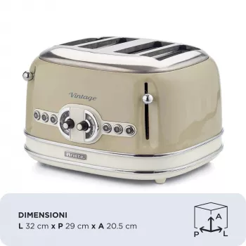 Ariete 156 4 Slice Vintage Toaster, 1600 W, 6 poziomów opiekania, stal nierdzewna malowana w kolorze pastelowego beżu, bez koszyków do kanapek