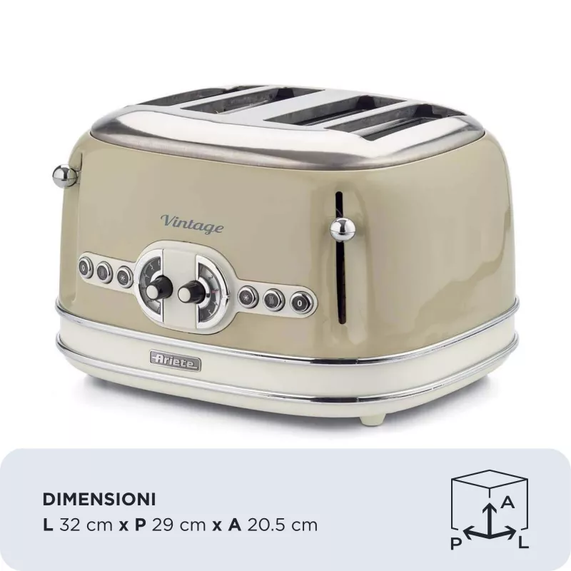 Ariete 156 4 Slice Vintage Toaster, 1600 W, 6 poziomów opiekania, stal nierdzewna malowana w kolorze pastelowego beżu, bez koszyków do kanapek