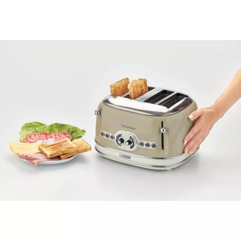 Ariete 156 4 Slice Vintage Toaster, 1600 W, 6 poziomów opiekania, stal nierdzewna malowana w kolorze pastelowego beżu, bez koszyków do kanapek