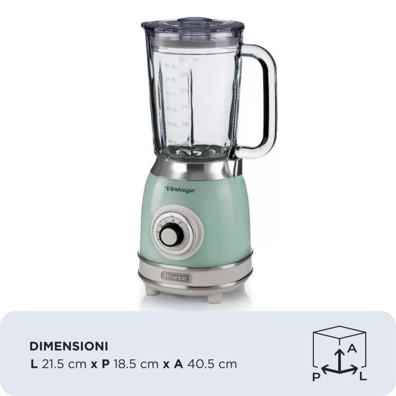 Ariete 583, blender vintage z szklanym dzbanem 1,5 litra, 4 ostrza ze stali nierdzewnej, 4 prędkości + pulsacyjna, 1000 W, zielony