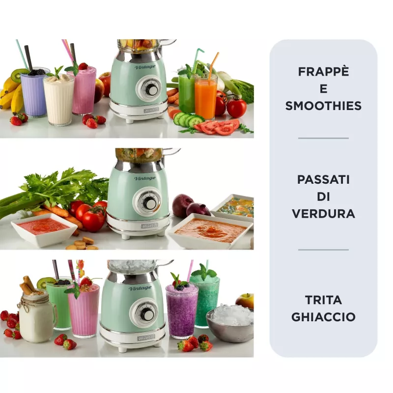Ariete 583, blender vintage z szklanym dzbanem 1,5 litra, 4 ostrza ze stali nierdzewnej, 4 prędkości + pulsacyjna, 1000 W, zielony