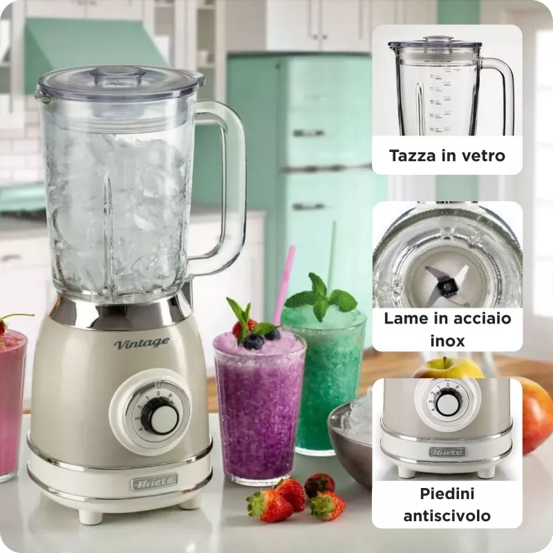 Ariete 583, Blender Vintage z szklanym dzbankiem 1,5 litra, 4 ostrza ze stali nierdzewnej, 4 prędkości + Pulse, 1000 W, Beżowy