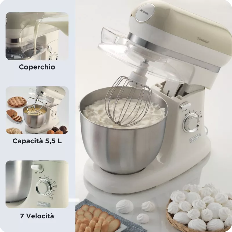 Ariete 1588 Vintage Mixer, Planetary Mixer do chleba, pizzy, ciast i wypieków, pojemność 5,5 l, 7 prędkości, 2400 W, pastelowy beż