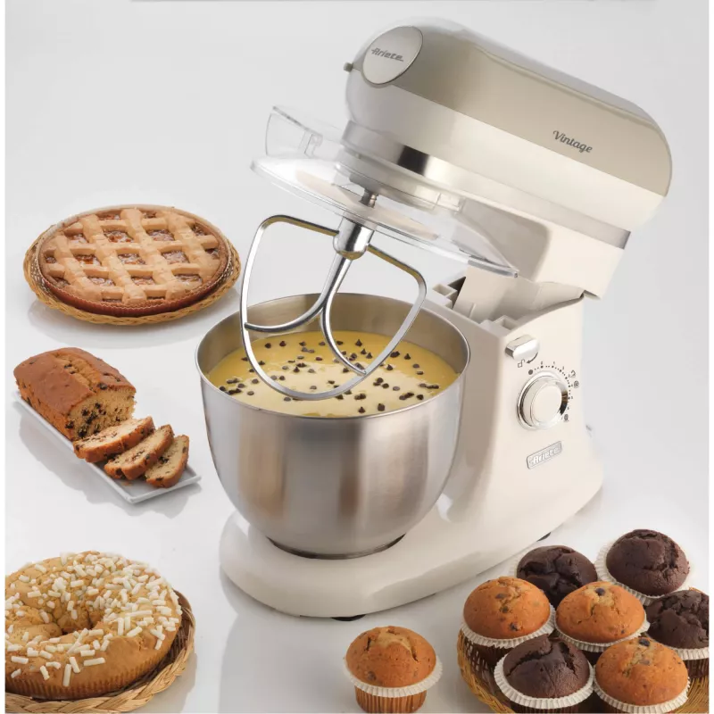 Ariete 1588 Vintage Mixer, Planetary Mixer do chleba, pizzy, ciast i wypieków, pojemność 5,5 l, 7 prędkości, 2400 W, pastelowy beż