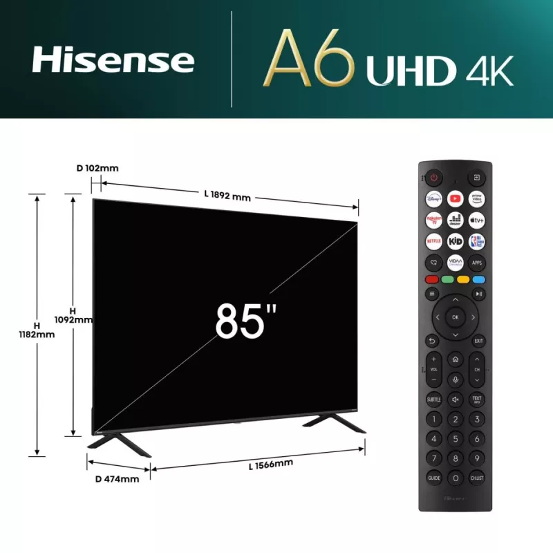 Hisense 85E6NT 2.16 m (85 cali) 4K Ultra HD Smart TV Wi-Fi Czarny 400 cd/m²