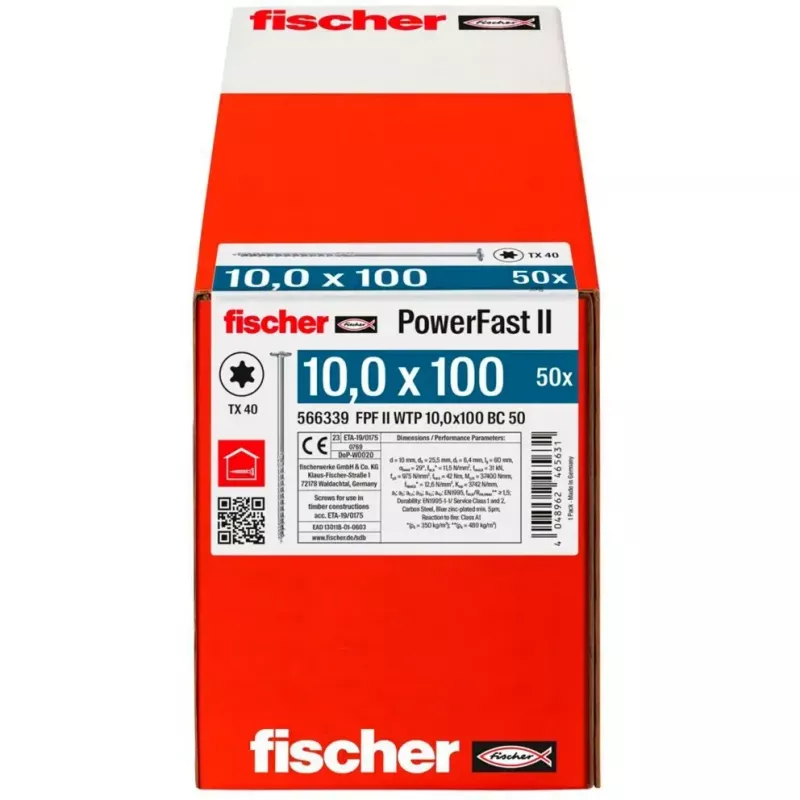 Wkręt do drewna FISCHER PowerFast II 10,0x100 mm z łbem płaskim TX ocynkowany