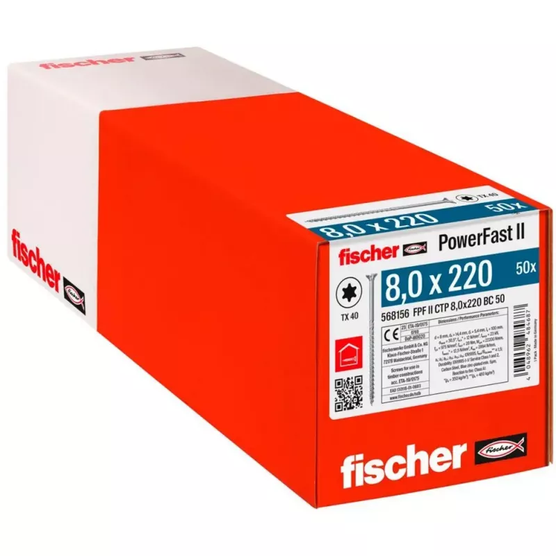Wkręt do drewna FISCHER PowerFast II 8,0x220 mm z łbem stożkowym, TX, ocynkowany