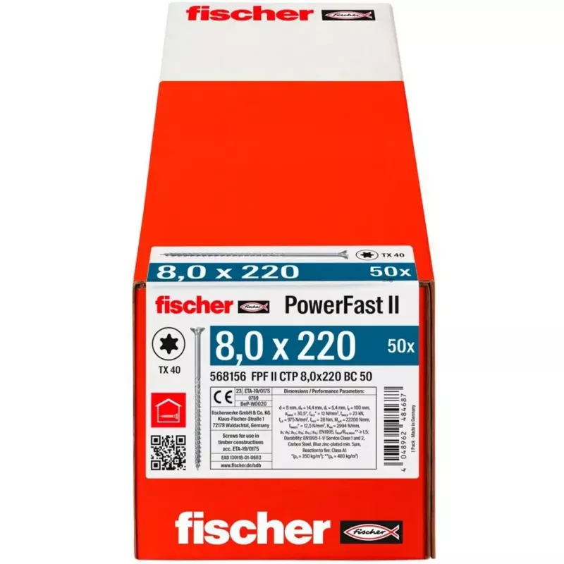 Wkręt do drewna FISCHER PowerFast II 8,0x220 mm z łbem stożkowym, TX, ocynkowany