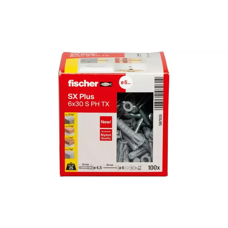 Zestaw wkrętów i kołków rozporowych Fischer 567935 100 szt. Nylon otwór wiertniczy 6 mm