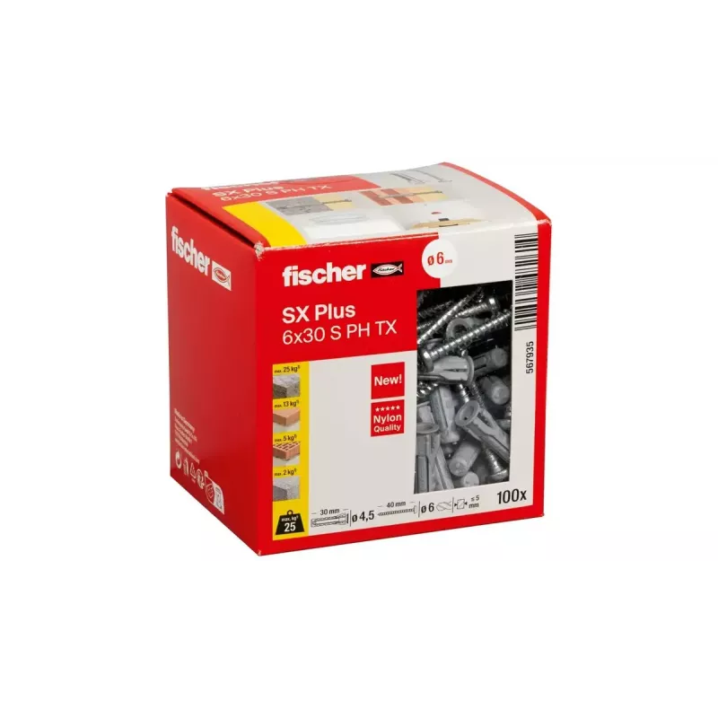 Zestaw wkrętów i kołków rozporowych Fischer 567935 100 szt. Nylon otwór wiertniczy 6 mm
