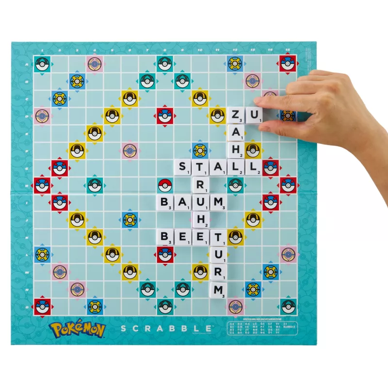 Gra Scrabble Pokémon, klasyczna rodzinna gra słowna z dwoma trybami gry dla 2-4 graczy, edycja niemiecka