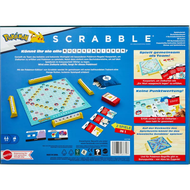 Gra Scrabble Pokémon, klasyczna rodzinna gra słowna z dwoma trybami gry dla 2-4 graczy, edycja niemiecka