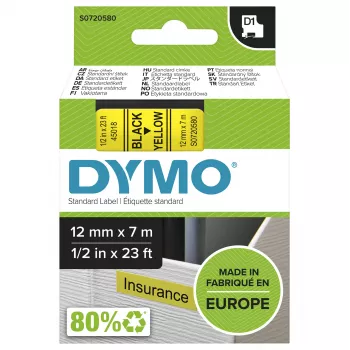 Autentyczne etykiety DYMO D1 | Czarny nadruk na żółtej taśmie | 12 mm x 7 m | Etykiety samoprzylepne do drukarek etykiet LabelManager | Wyprodukowano w Europie