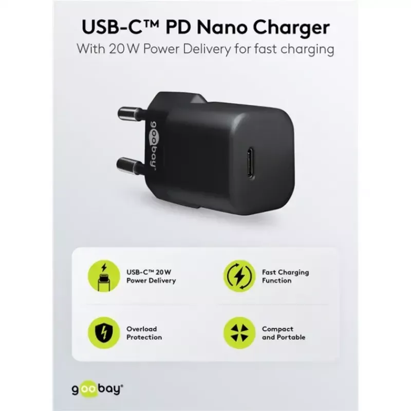 Ładowarka GOOBAY 61083 20W PD z kablem 1 m — zasilacz USB-C, moc 20 W