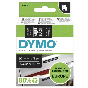 Oryginalne etykiety DYMO D1 | Biały nadruk na czarnej taśmie | 19 mm x 7 m | Etykiety samoprzylepne do drukarek etykiet LabelManager | Wyprodukowane w Europie