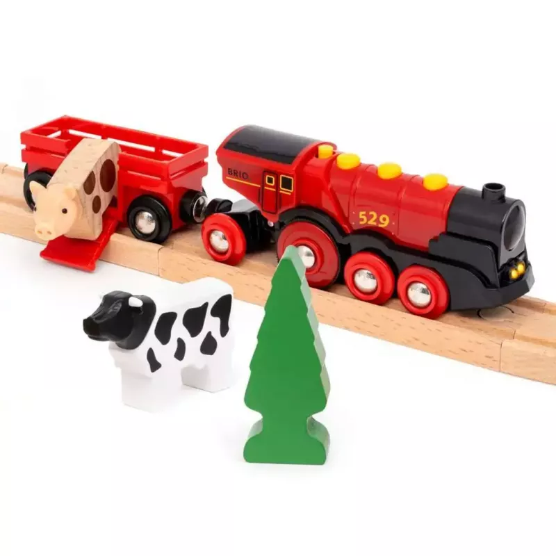 Ravensburger BRIO World Czerwona Lokomotywa Lola Zestaw Kolejki Farma – drewniany zestaw do zabawy kolejką
